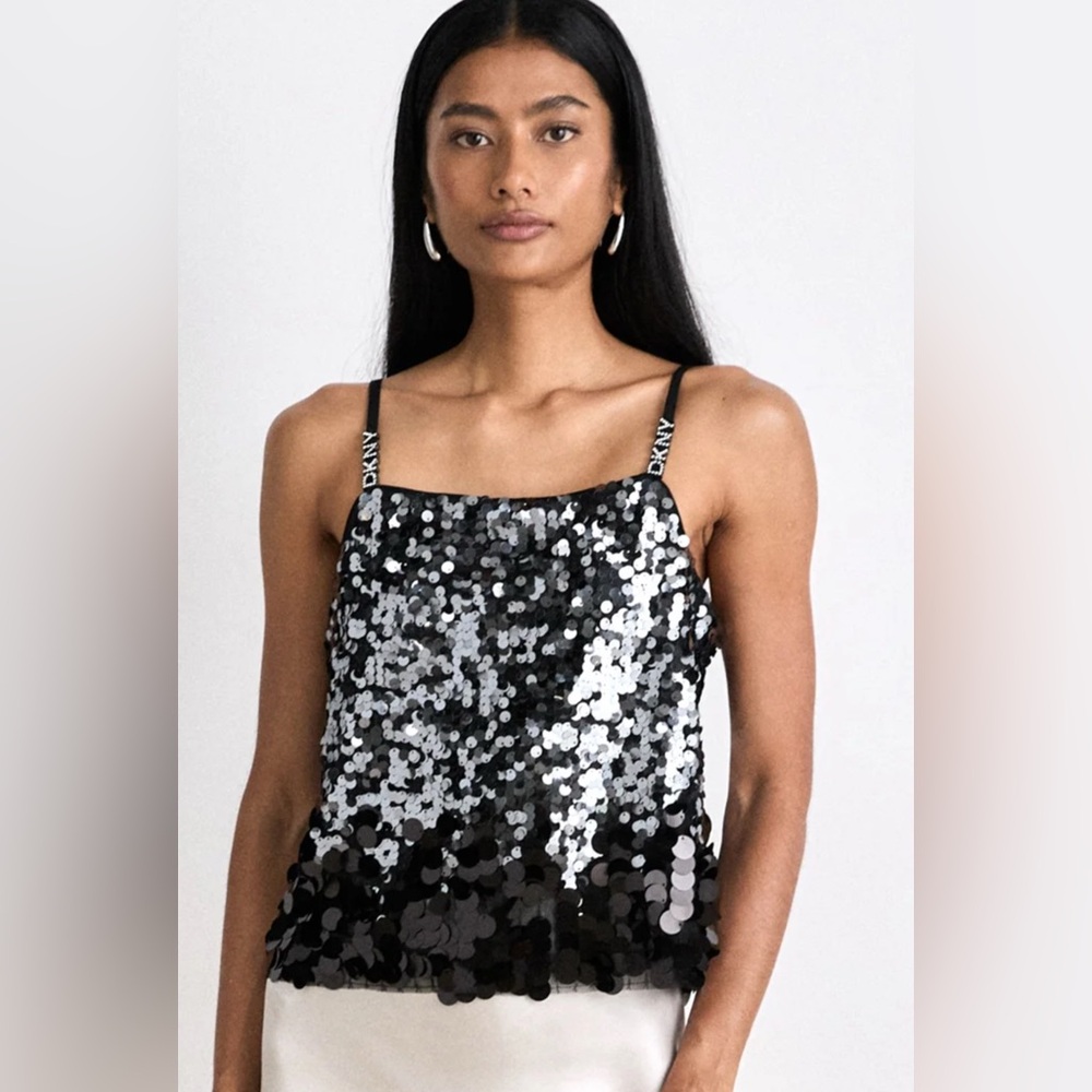 DNKY Sequin Black and Silver Ombré Women's Tank Top With Embellished Markings